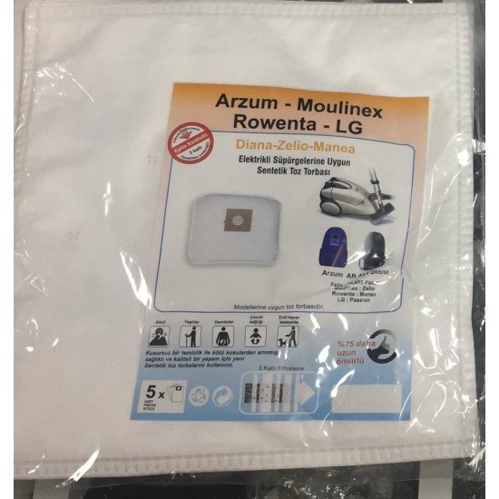 ARZUM - MOULINEX- ROWENTA- LG {diana-zelio-manea} elektrik süpürgelerine uygun toz torbası ARZUM - MOULINEX- ROWENTA- LG {diana-zelio-manea} elektrik süpürgelerine uygun toz torbası